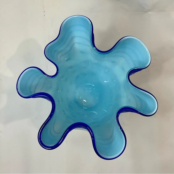 Blue Polka Dot & Stripped Blown Glass Fluted Ruffle Vase Handmade Unique - Picture 5 of 15